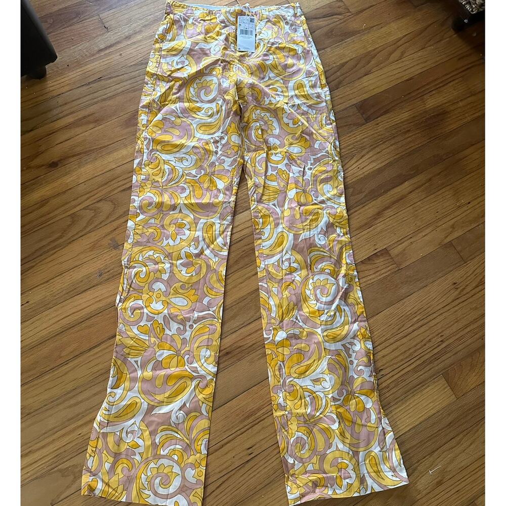 Mango (MNG) High-Waisted Flared Pants Yellow & Pink Abstract Size M